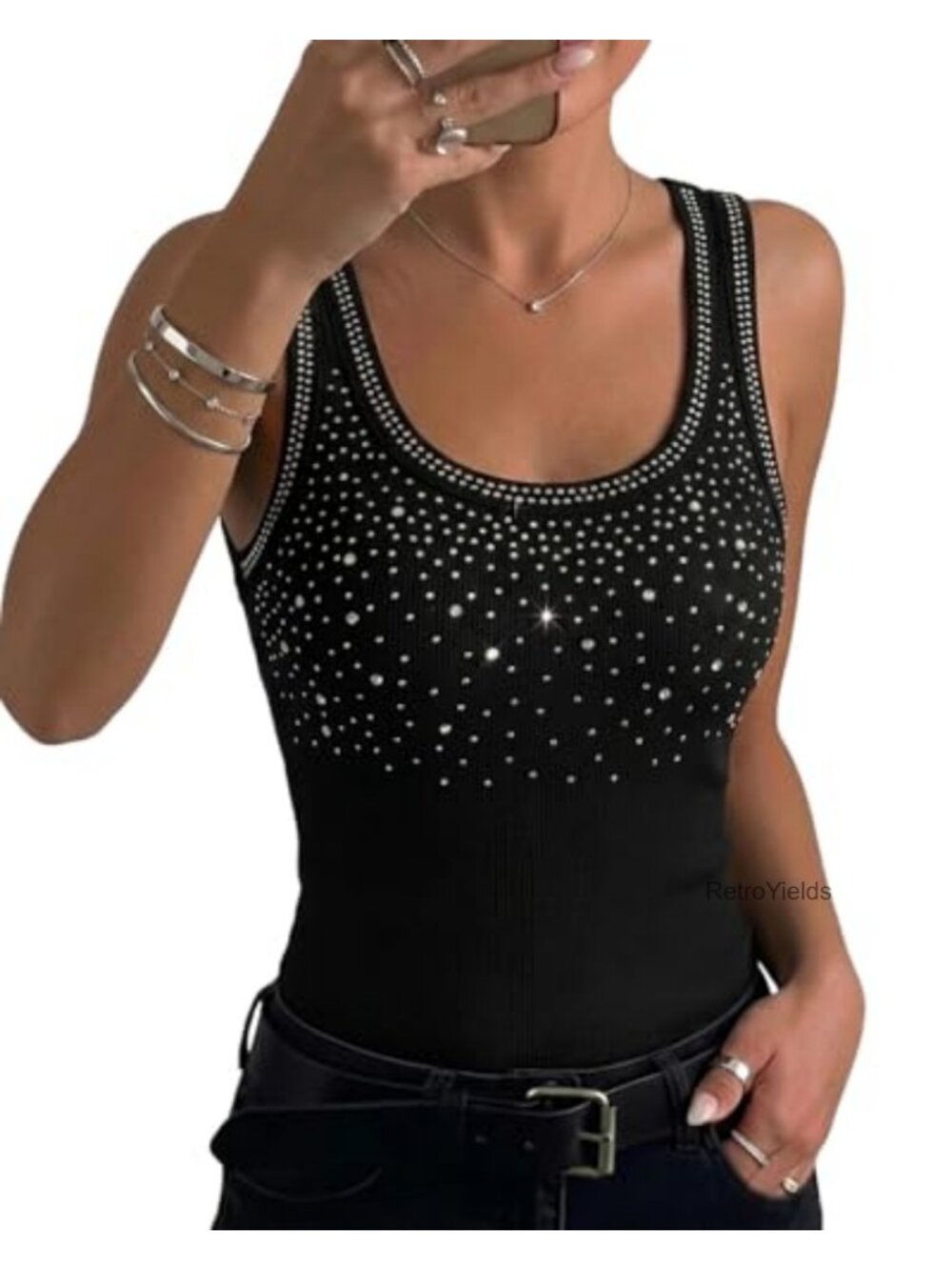 Womens Sleeveless Rhinestone Ribbed Tank Top